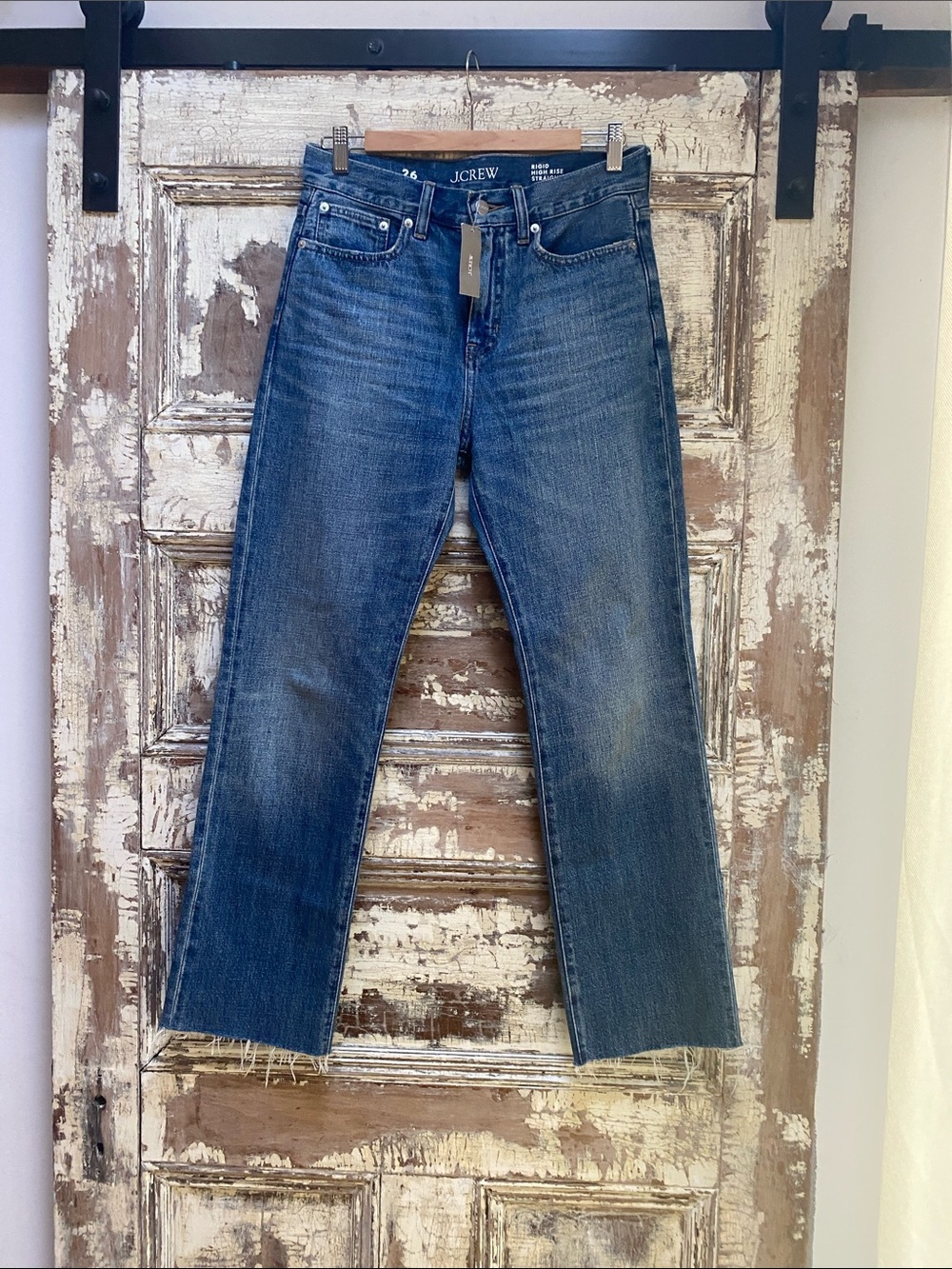 J. Crew Ridged High-Rise Straight Leg Medium Blue Jeans, Raw Hem, Size 26 - Picture 2 of 8